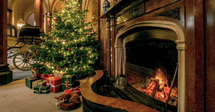 View of a roaring open fire with Christmas tree and presents underneath inside Raby Castle.